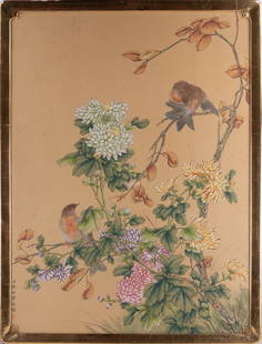 Antique Mixed Media On Silk Signed Shining Lang: Title: Chrysanthemum And Birds Medium: Mixed Media On Silk Lined On Masonite Size: 39.5 x 29.5 inches Frame: 41.5 x 31.5 inches Age: Antique Condition: Great Condition, some mild mold spots 