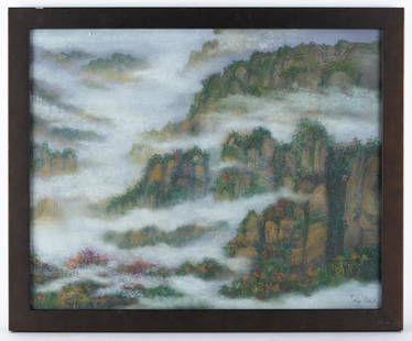Vintage Oriental Style Pastel On Paper "Mountain: Title: Mountain Landscape Medium: pastel on paper Style: Impressionist Size: 16" x 20" Frame Size: 18" x 22" Age: 1980s Condition: Good overall condition for its age, Signature: Esther Lee Great