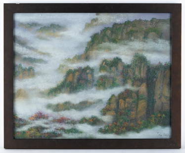 Vintage Oriental Style Pastel On Paper "Mountain: Title: Mountain Landscape Medium: pastel on paper Style: Impressionist Size: 16" x 20" Frame Size: 18" x 22" Age: 1980s Condition: Good overall condition for its age, Signature: Esther Lee Great