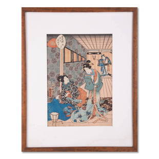 Kunisada Japanese Ukiyo-e Print "Geisha": Title: Geisha Medium: Ukiyo-e Style: Ukiyo-e Size: 12 1/2" x 9" Frame Size: 19 1/2" x 16" Condition: Good overall condition for its age, Signature: Kunisada Great for collection or home