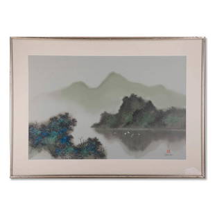 Large Oriental Watercolor/Ink On paper "Mountain River: Title: Mountain River Scene Medium: Watercolor/ink on paper Style: Oriental Size: 20" x 30" Frame Size: 27" x 37" Age: 1960s Condition: Good overall condition for its age, Signature: lower right/