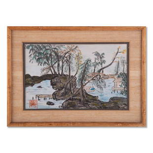 Old Japanese Watercolor/Ink On Paper "Lake Scene": Title: Lake Scene Medium: Watercolor/Ink on paper Style: Japanese Size: 7" x 11" Frame Size: 10" x 14" Age: 1950s Condition: Good overall condition for its age, Signature: Stamped on lower