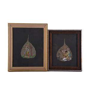 Set Of 2 Vintage Indian Hand Painted Oil On leaf: Title: "Portrait Of Girl", "Portrait Of Piper" Medium: Oil on leaf Style: Indian Smaller Picture Size: 10" x 8" Bigger Picture Size: 11 1/2" x 9 1/2" Age: 1960s Condition: Good overall condition for