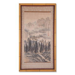 Early 20th Century Oriental Ink On Paper "Mountain: Title: Mountain Forest Medium: Ink on paper Style: Oriental Size: 22" x 12" Frame Size: 27" x 17" Age: 1940s Condition: Good overall condition for its age, Signature: upper right/ Great for