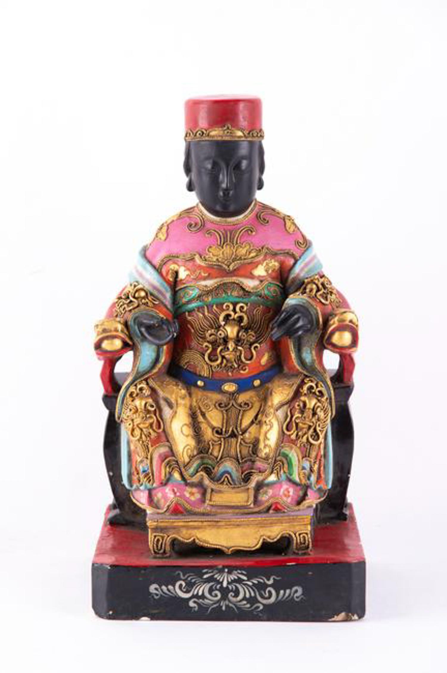 Chinese Export Wooden Statue Of Mazu: Title:Heimian Mazu Size: 15 1/2"H x 8" x 7 1/2" Condition: Great Overall. the statue appears to have some small color loss. One observable on the right finger, a few on the stand and several other pla