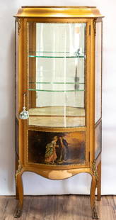 Antique Curio Vitrine Curved Glass Cabinet: Title:Glass Cabinet Medium: Wood/Glass Style: Curio Vitrine Size: 57" H x 27" L x 16" W Age: Antique Condition: Good overall condition for its age, Restoration on the bottom Maker: Unknown, hand