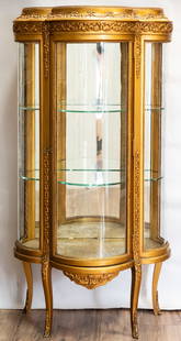 Antique Giltwood Louis XVI Curio Vitrine Cabinet: Title: Glass Cabinet Medium: Wood/Glass Style: Curio Vitrine Size: 57" H x 27" L x 17" W Age: Antique Condition: Good overall condition for its age, Maker: Unknown Great for collection or home