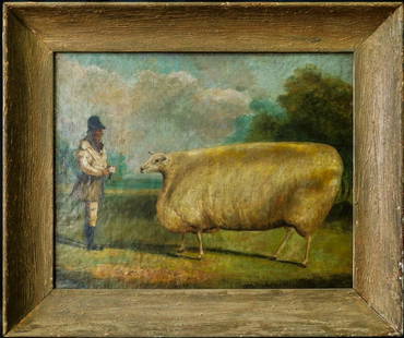 Antique American Folk Art Oil Painting "Cow": Antique American Folk Art Oil Painting "Cow" Medium: Oil on Canvas Size: 16" x 20" Frame Size: 21" x 25" Condition: Great, No Blemishes Circa: 1800s PROVENANCE Private Collection from