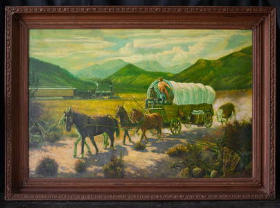 Large American Western Oil "Horse Carriage"  Initial RM