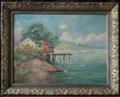 Mabel May Woodward (1877 - 1945) RI Artist Oil: Mabel May Woodward (1877 - 1945) was active/lived in Rhode Island. Mabel Woodward is known for Sea-landscape, genre and portrait painting. Medium: Oil on board Size: 18" x 24" Frame Size: 23" x 29"