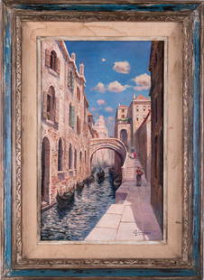 Manner of Rubens Santoro (1859 - 1942) Oil "Venice: Title: Venice Canal Medium: Oil On Canvas Size: 24 x 15 inches Frame: 32.5 x 23.5 inches Age: Antique Condition: Great for its age Signature: Lower right Artist: Rubens Santoro (1859 - 1942) Rubens Sa
