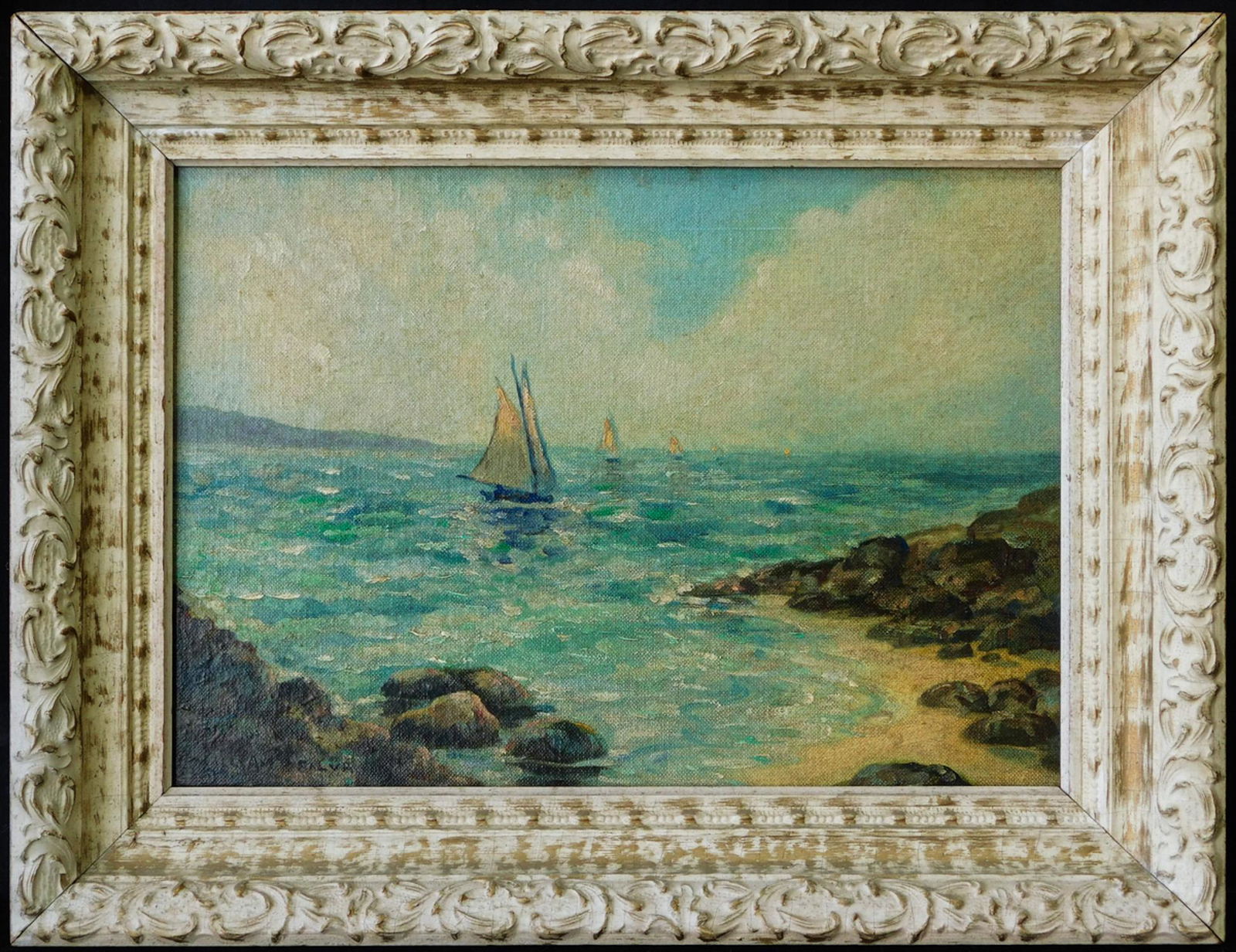 Listed Artist William Posey Silva (California,: William Posey Silva (1859 - 1948) was active/lived in California, Tennessee. William Silva is known for Landscape, marine-mists and street painting. Medium: Oil on Canvas Board. Size: 10" x 14". Frame