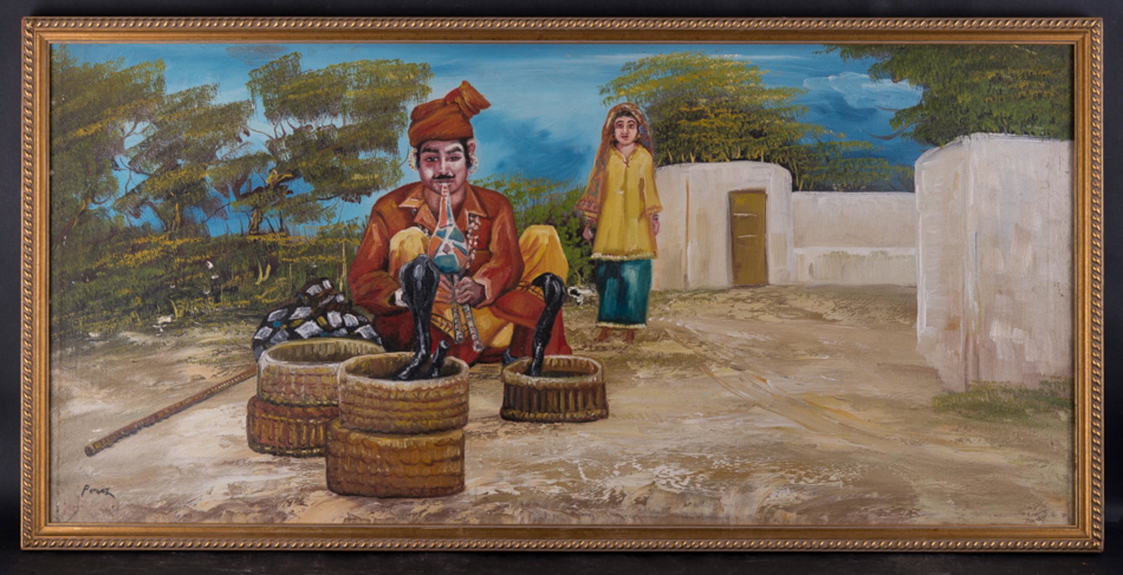 Large Vintage Indian/Hindu Portrait/Landscape Oil: Title: Indian Snake Charmer Medium: oil on canvas Style: Realist Size: 16 1/2" x 34 1/2" Frame Size: 18" x 37" Age: 1970s Condition: Great, good condition for its age Signature: Lower left unclear Gre