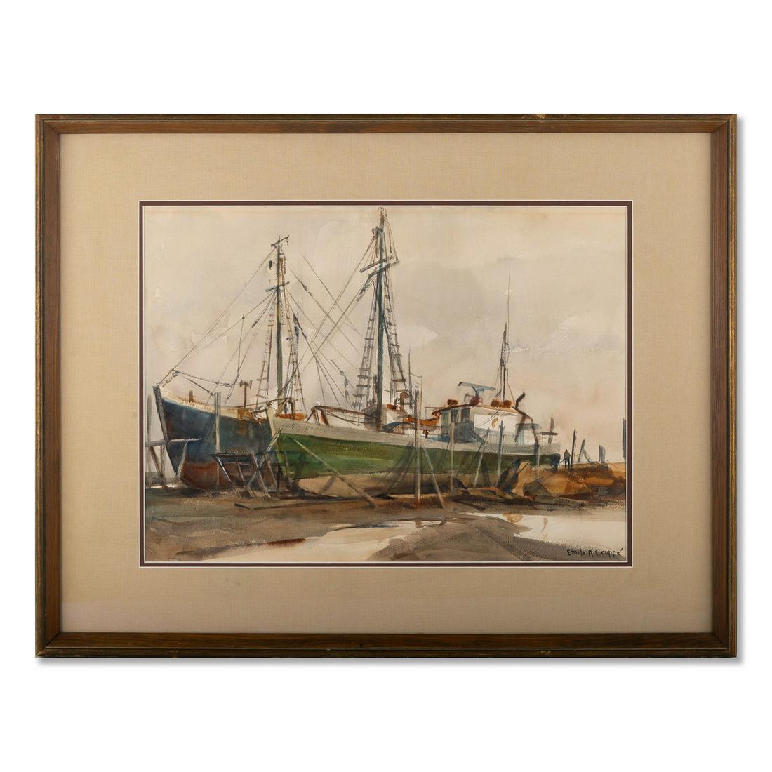 Emile Albert Gruppe (1896 - 1978)Massachusetts,Sunday: Emile Albert Gruppe (1896 - 1978)Massachusetts,Sunday Drydock Medium: Watercolor on Paper signed: lower right Size: 19" x 14" Frame Size: 27" x 21" Condition: Very Good, light wear and dirt accumulati
