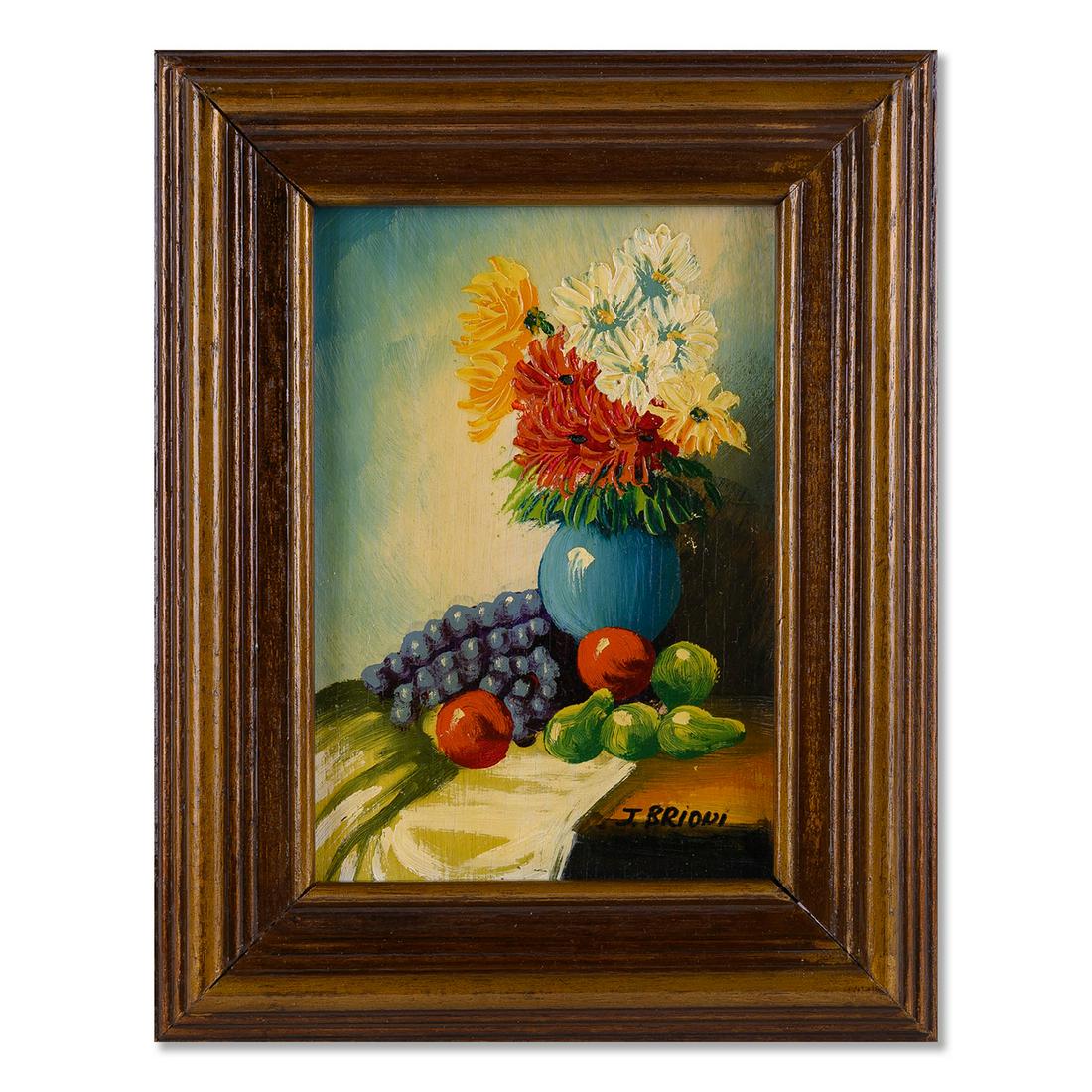 Vintage Decorational Oil On Panel "Flowers In Vase": Title: Flowers In Vase Medium: Oil On Panel Size: 7 x 5 inches Frame: 9.5 x 7.5 inches Age: Vintage Condition: Great overall Signature: J. Brioni Great for collection or home decoration. Provenance: C