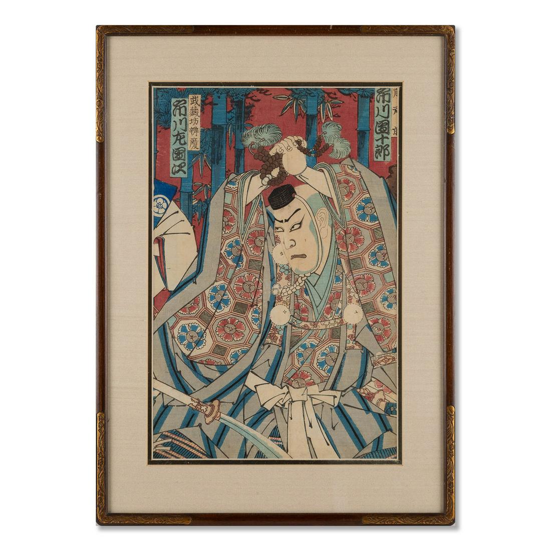 Japanese Kunitsugu Ukiyo-e Woodblock "Samurai With: Title: Samurai Portrait Medium: Ukiyo-e On Paper Painting Size: 13" x 8.5" Frame Size: 18" x 13" Age: Antique Condition: Great overall Artist: Kunitsugu Great for collection or home decoration. Proven