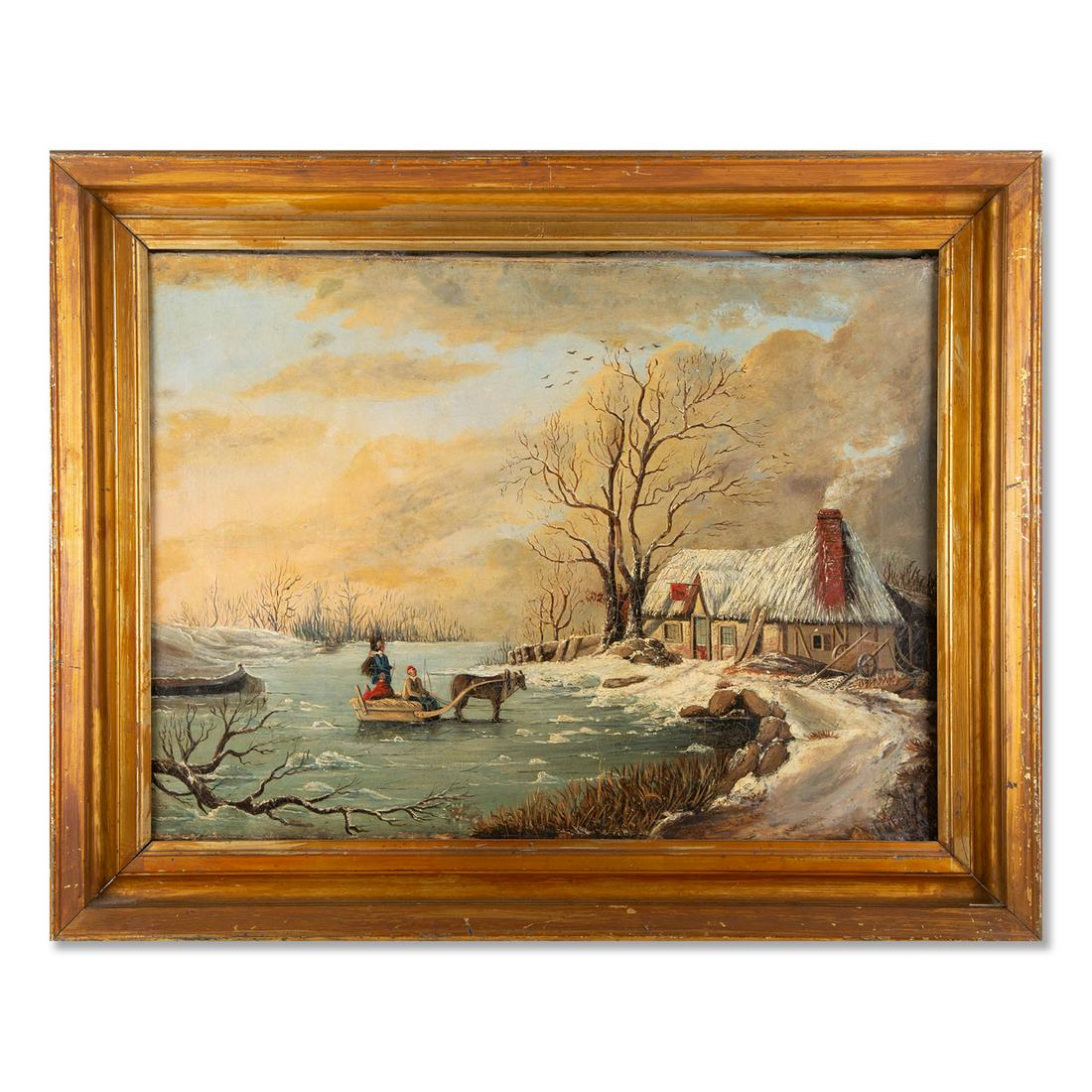 Antique 19th Century Continental School Oil "Winter": Title: Winter Scene Medium: Oil On Canvas Painting Size: 18" x 25" Frame Size: 24" x 30" Age: Antique Condition: In overall good condition. thin cracks across the composition. Artist: Unsigned Great f