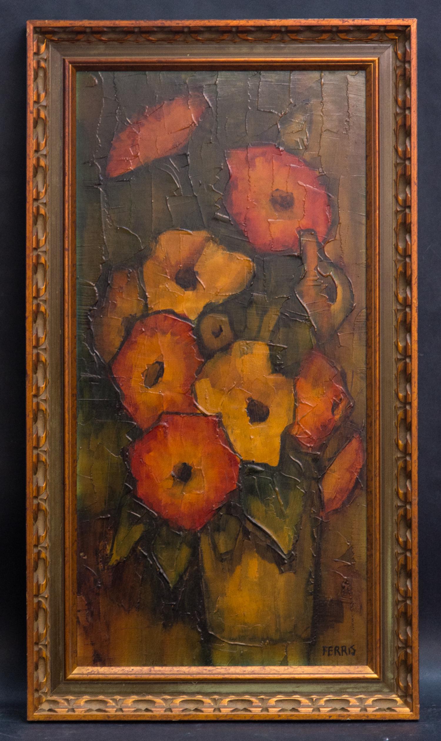 Large Mid Century American Modernist Original Oil: Title: Flowers In Vase Medium: Oil on masonite Style: Impressionist Size: 30" x 15" Frame Size: 34" x 19" Age: 1950s Condition: Good, no damage seen good condition for its age. Signature: None Great f