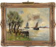 Antique Landscape Oil On Canvas "Sailing Boat"