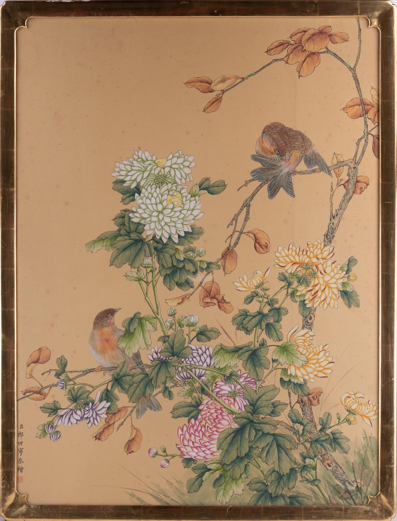 Antique Mixed Media On Silk Signed Shining Lang: Title: Chrysanthemum And Birds Medium: Mixed Media On Silk Lined On Masonite Size: 39.5 x 29.5 inches Frame: 41.5 x 31.5 inches Age: Antique Condition: Great Condition, some mild mold spots Signature: