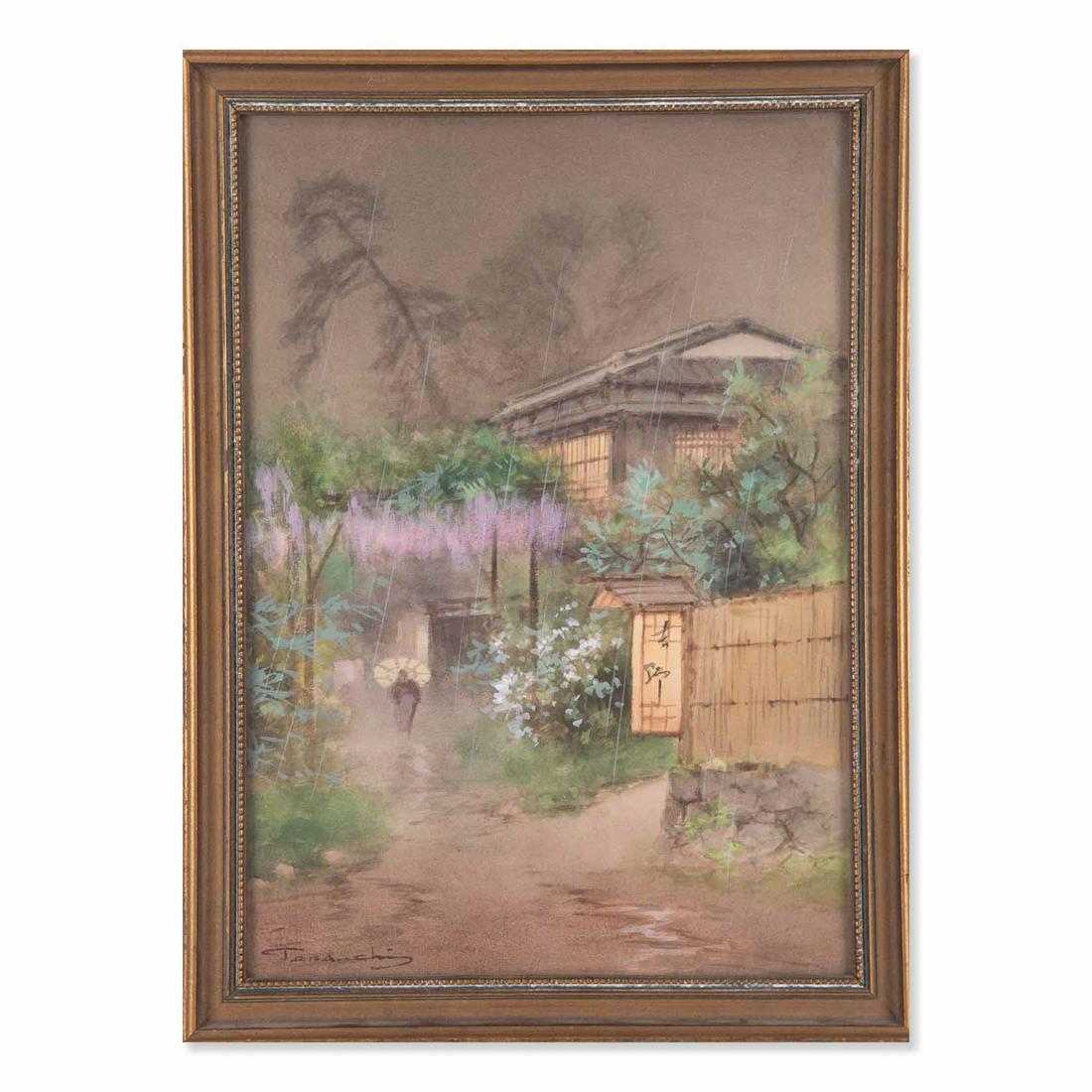 Early 20th Century Japanese Watercolor "Village In Rain" (1 of 10)