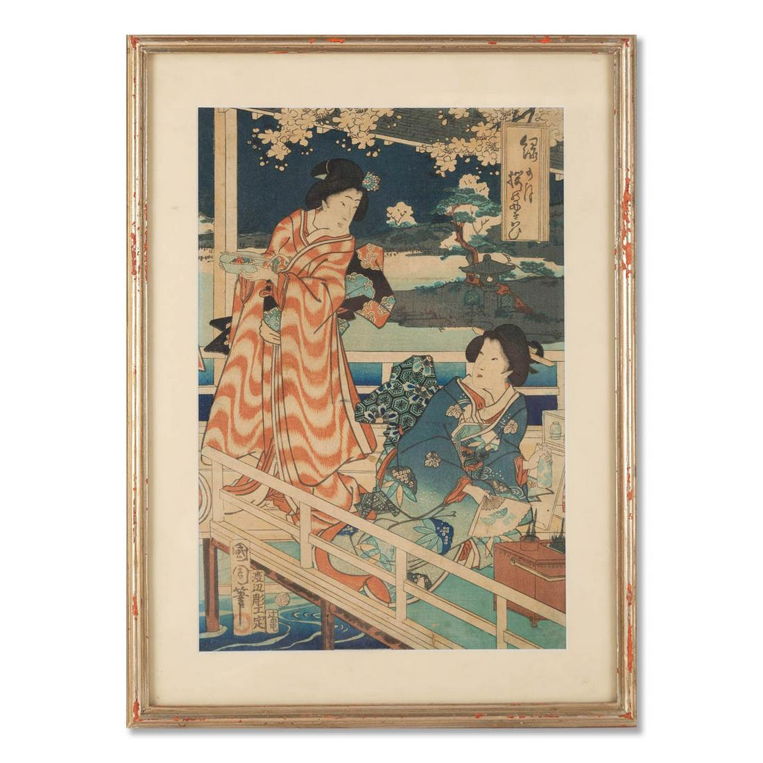 Original Japanese Woodblock Print "Under the moonlight" (1 of 10)