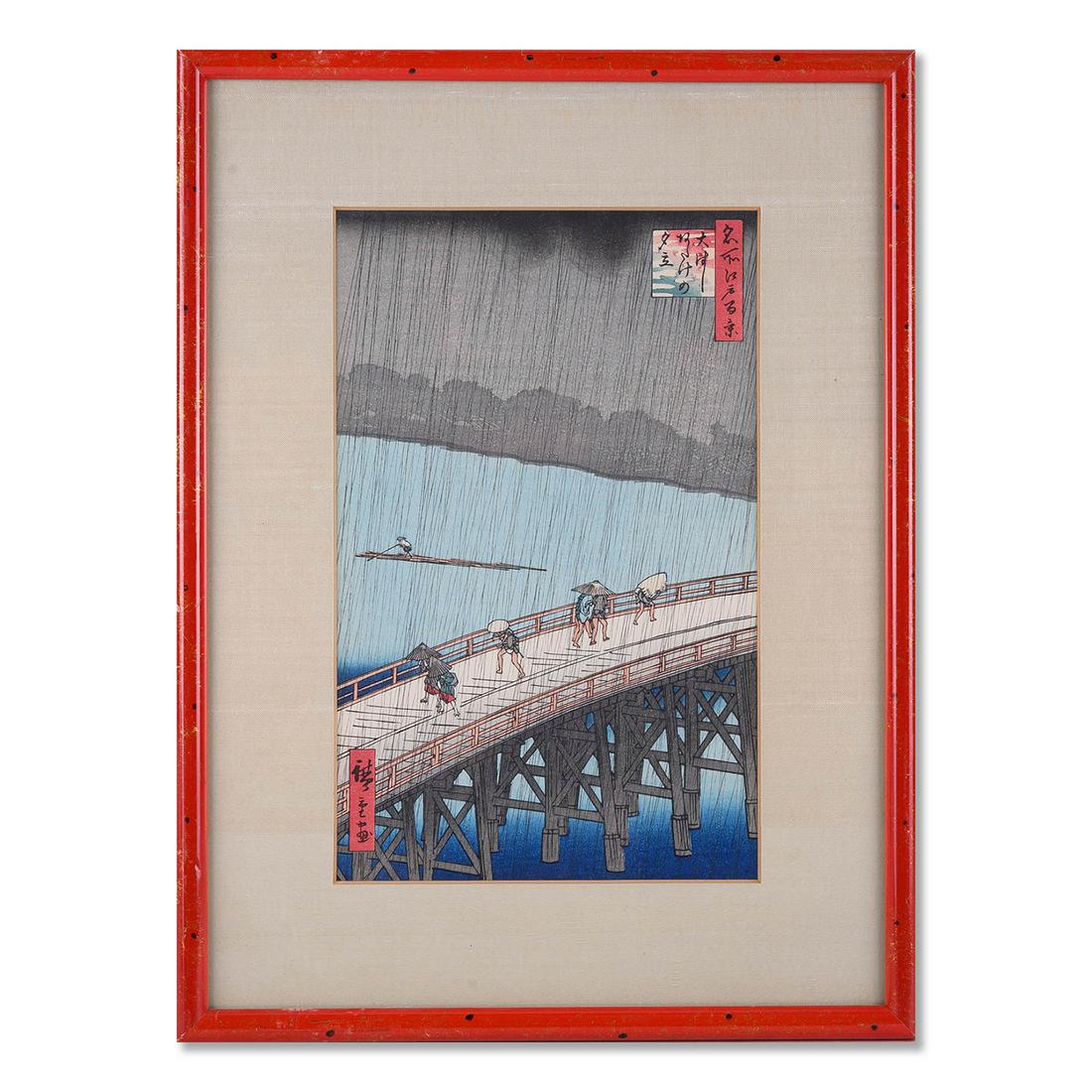 Hiroshige Ukiyo-e Woodblock Print "Ohashi Bridge": Title: Sudden Shower Over Ohashi Bridge Medium: Ukiyo-e Style: Ukiyo-e Size: 11" x 7" With Frame: 16.5" x 12.5" Age: Antique Condition: Good overall condition for its age, Maker: Hiroshige Great for c