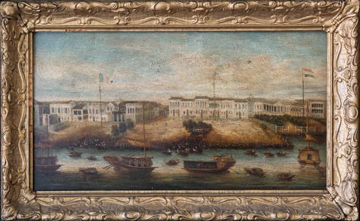 Antique China Trade Oil On Wood "Guangdong Harbor": Medium: Oil on wood Size: 10" x 18" Frame Size: 13" x 21" Condition: Great, No Blemishes Signature: Unsigned PROVENANCE private collection from Long Island Shipping: shipping rates are