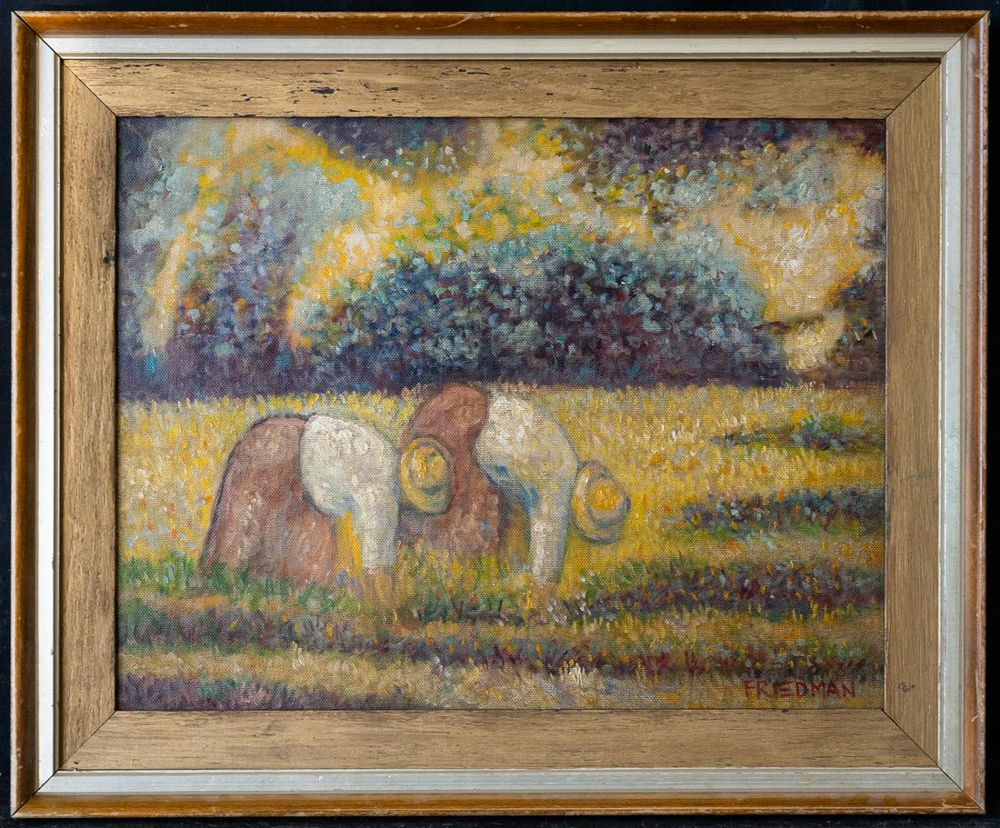 Arnold Aaron Friedman (1874 - 1946) NY Artist Oil: Arnold Aaron Friedman (1874 - 1946) was active/lived in New York. Arnold Friedman is known for Abstract views, figure, portrait, mural. Medium: Oil on board Size: 14" x 18" Frame Size: 19" x 23" Condi