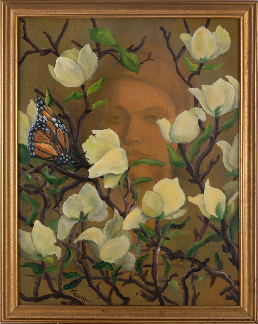 Vintage Modernist Oil On Canvas "Flowers, Butterfly, And A Girl" (1 of 10)