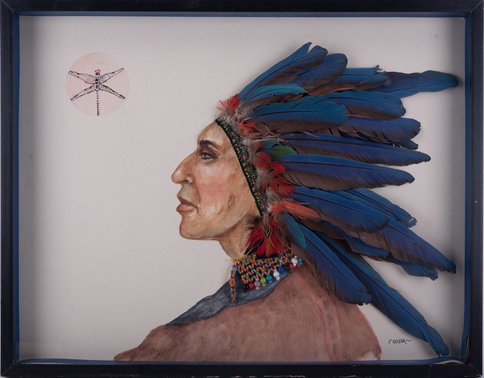 Vintage Native American Mixed Media Collage On With Bird Feather "Profile Of Chief" (1 of 9)