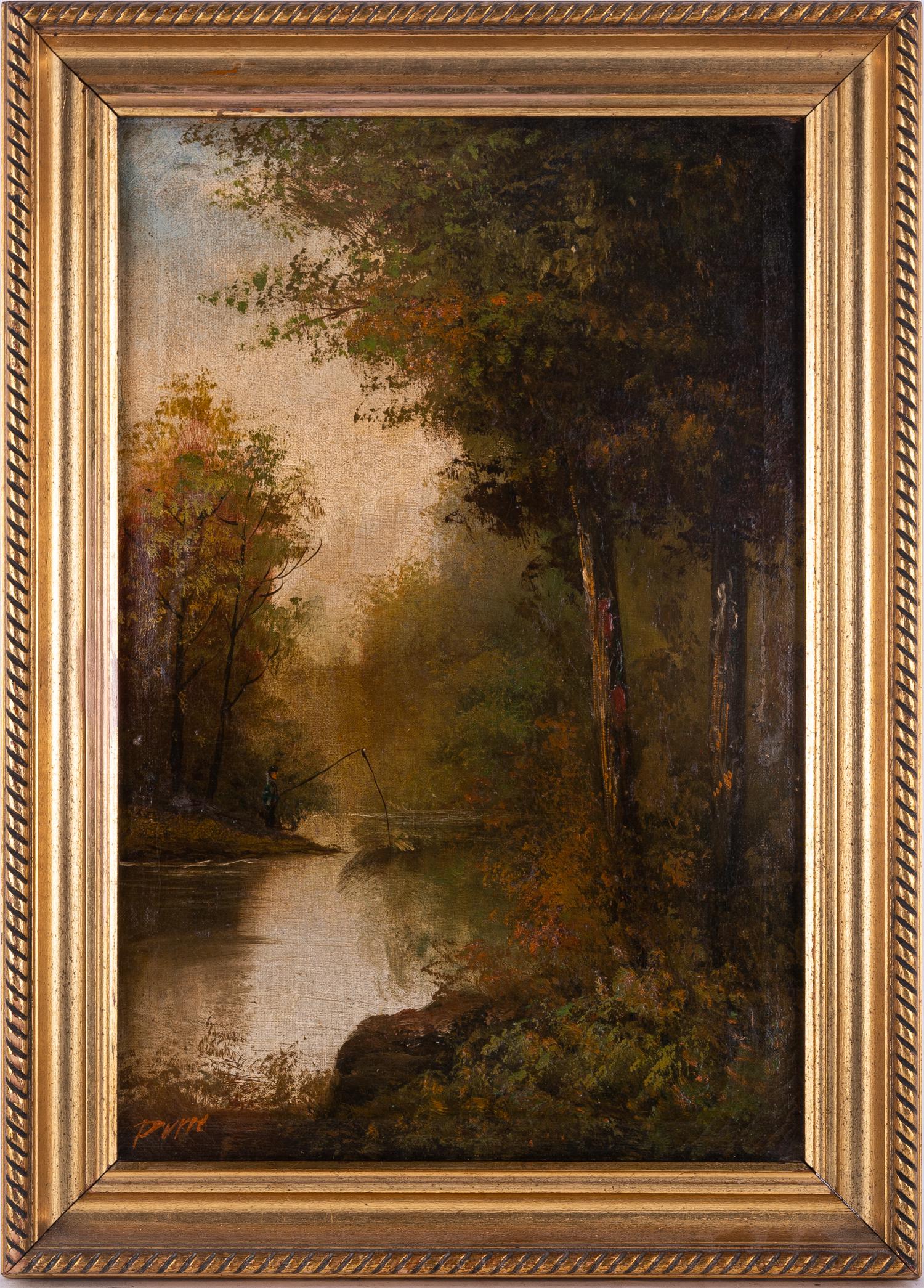 Antique Hudson School Oil On Canvas "Fishing In The River": Title: Fishing In The River Medium: Oil On Canvas Size: 18 x 12 inches Frame: 21.5 x 15.5 inches Age: Antique Condition: Painting is in good condition, some cracks and creases, very few tiny bit of co