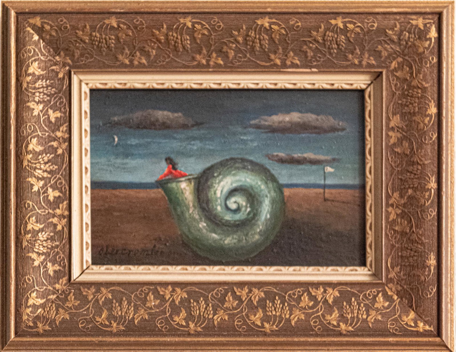 Gertrude Abercrombie (1909 - 1977) Wisconsin Artist Oil: Gertrude Abercrombie (1909 - 1977) was active/lived in Illinois, Wisconsin / Germany. Gertrude Abercrombie is known for Surreal imagery, gloves, grapes, hats, block printing. Medium: Oil On Masonite S