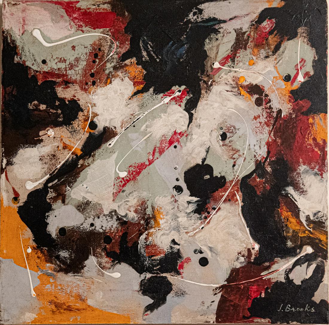 James D. Brooks (1906 - 1992) NY/Missouri Artist Oil: James D. Brooks (1906 - 1992) was active/lived in New York, Missouri. James Brooks is known for Modernist genre to abstraction, collage. Medium: Oil On Canvas Size: 24" x 24" Condition: Great, No Blem
