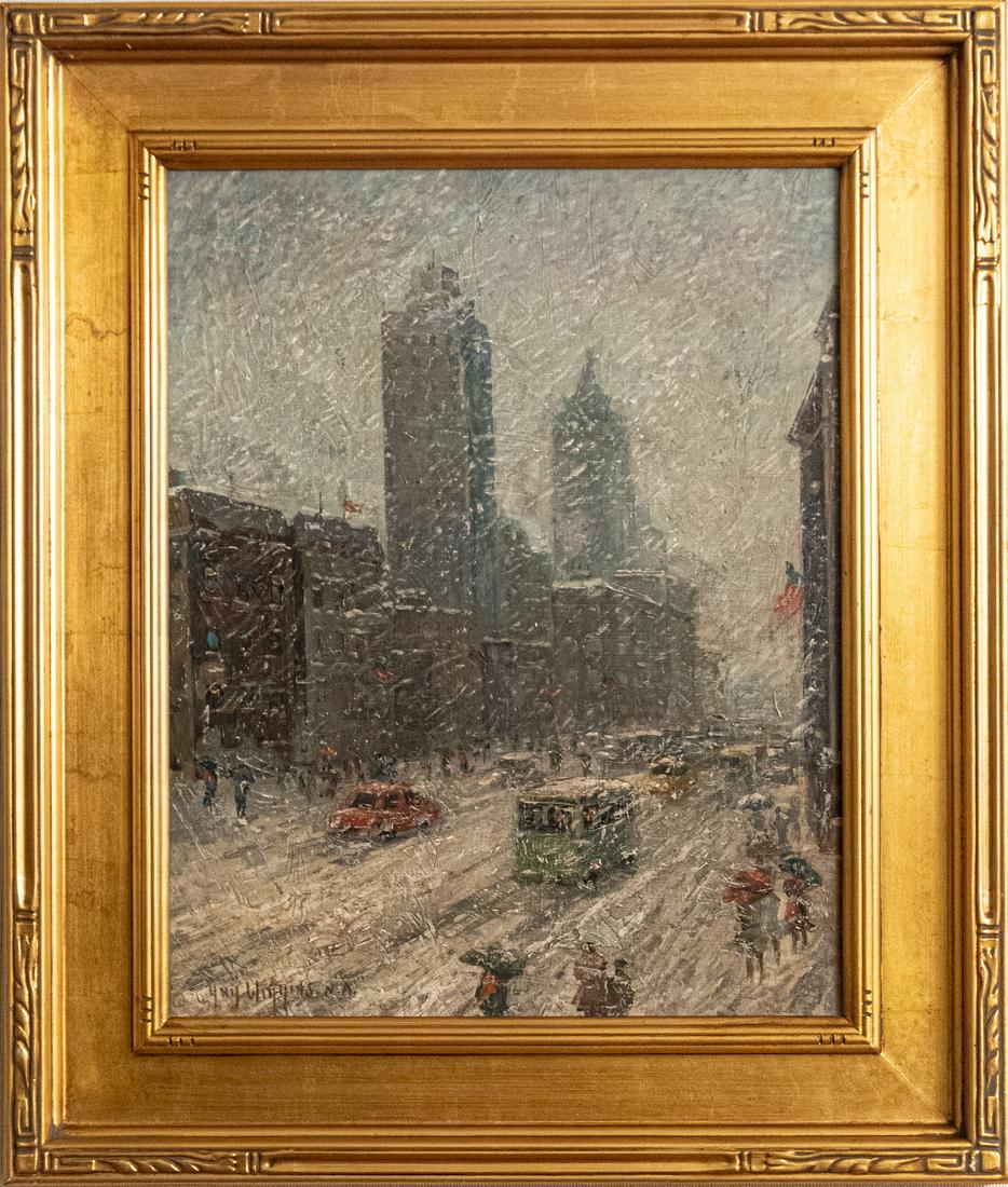 Guy Carleton Wiggins (1883 - 1962) New York Artist Oil: Guy Carleton Wiggins (1883 - 1962) was active/lived in New York, Connecticut, Florida. Guy Wiggins is known for Urban snowfall and other impressionist landscape painting. Medium: Oil On Board Size: 20