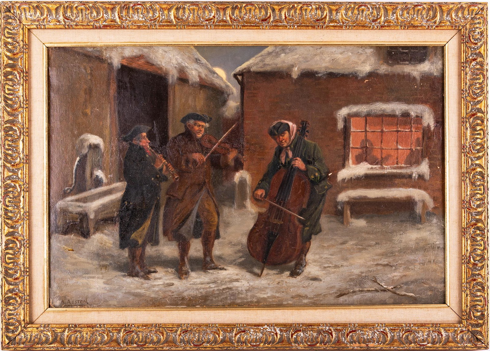 Alexander Austen (fl. 1891-1909) UK Artist Oil: Title: Band Playing In Snow Medium: Oil On Canvas Size: 16 x 24 inches Frame: 20 x 28 inches Age: Early 20th Century Condition: Great overall condition Signature: Signed, A. Austin Alexander Austen (f