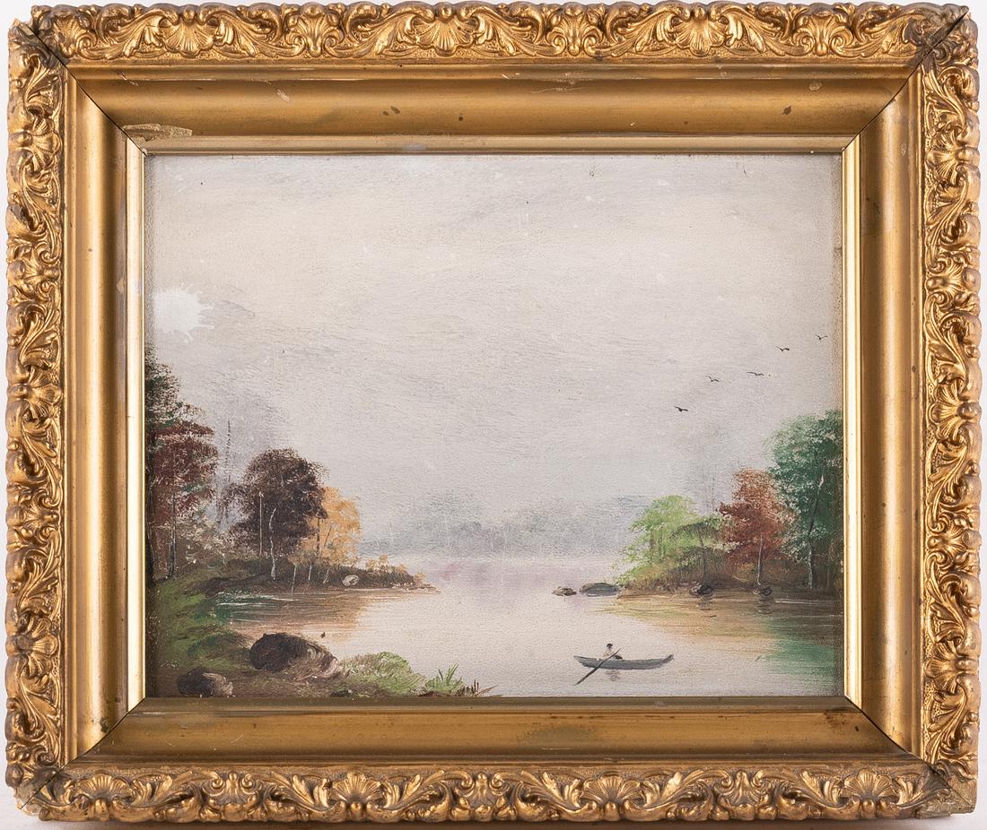 Early 20th Century Hudson School Oil On Board "River Scene": Title: River Scene Medium: Oil On Board Size: 8 x 10 inches Frame: 11 x 13 inches Age: Early 20th Century Condition: Great overall, Signature: Unsigned Great for collection or home decoration. Provena