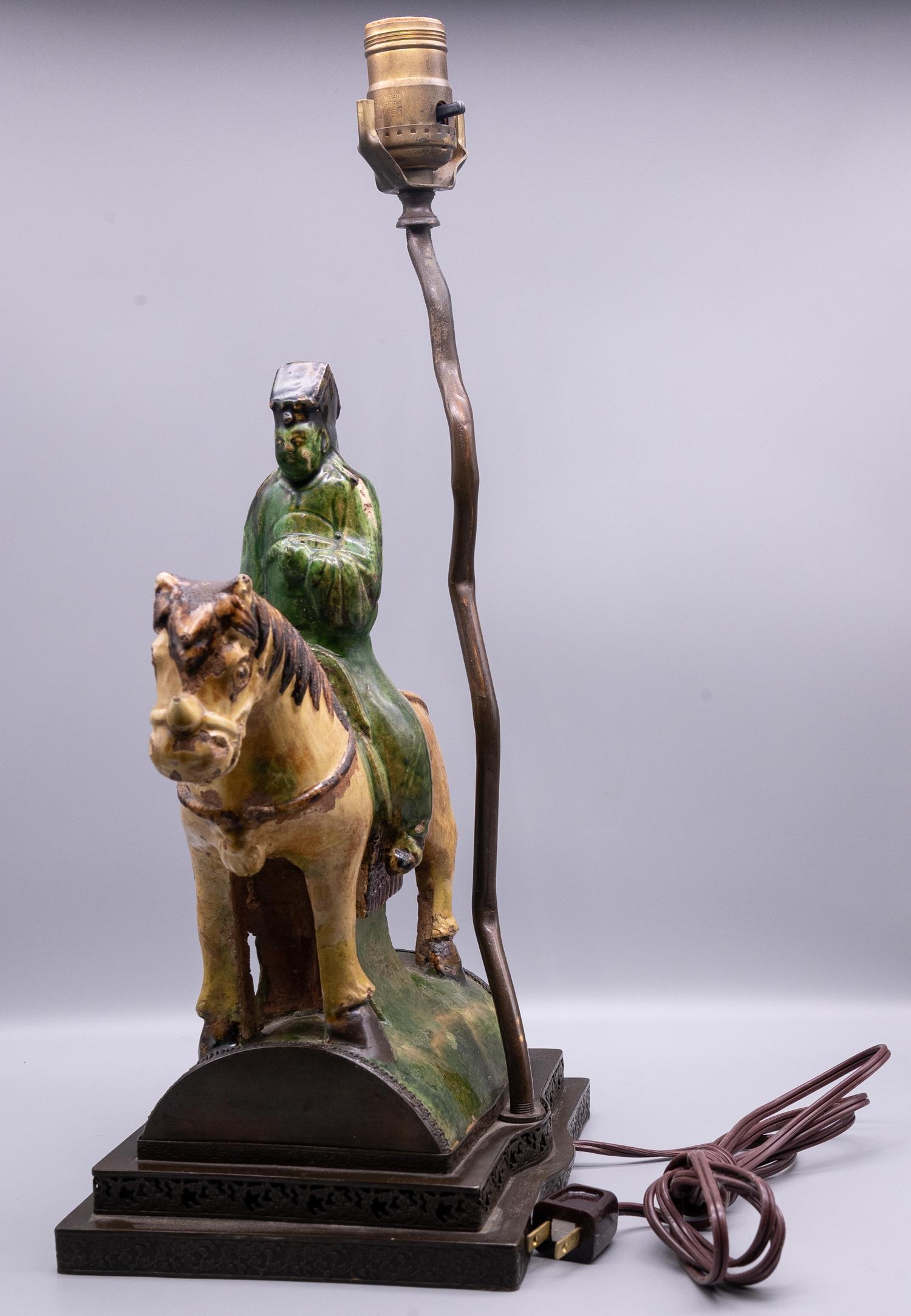 Antique Asian Bronze Sculpture Table Lamp: Title: Table Lamp Medium: Bronze Style: Asian Size: 19" H x 7" W x 8.5" L Age: Antique Condition: Good overall condition for its age, Great for collection or home decoration. Shipping: