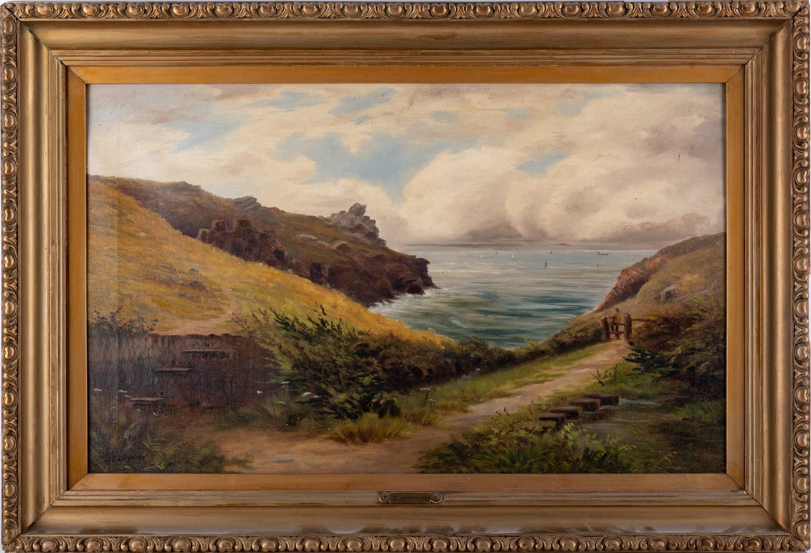 Early 20th Century Impressionist Oil On Canvas "Coast Landscape": Title: Coast Landscape Medium: Oil On Canvas Size: 16 x 26 inches Frame: 22 x 32 inches Age: Early 20th Century Condition: Great overall condition Signature: Signed T. Wadham Great for collection or h