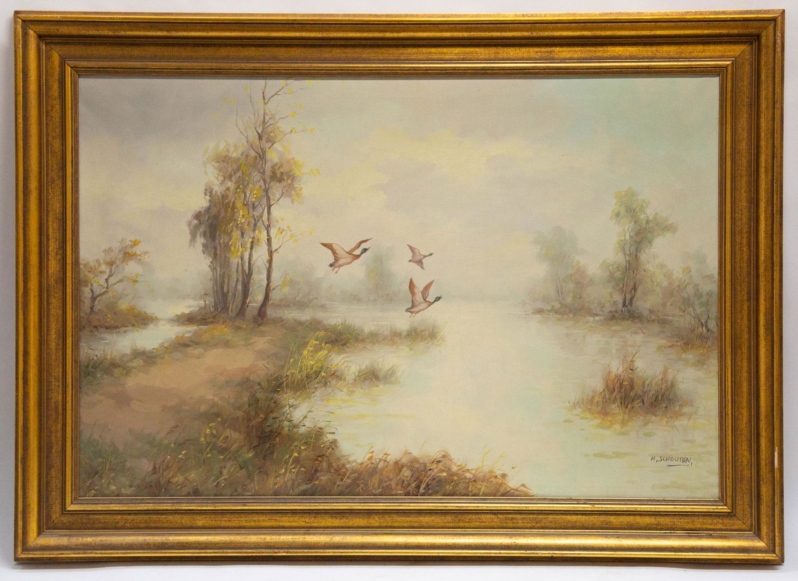 Old Landscape Oil On Canvas "Ducks Over River" (1 of 10)