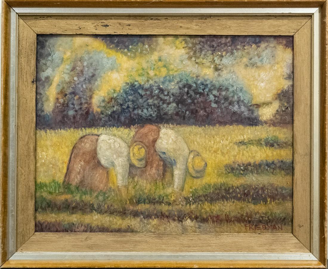 Arnold Aaron Friedman (1874 - 1946) New York Artist Oil: Arnold Aaron Friedman (1874 - 1946) was active/lived in New York. Arnold Friedman is known for Abstract views, figure, portrait, mural. Medium: Oil on board Size: 14" x 18" Frame Size: 18" x 22" Condi