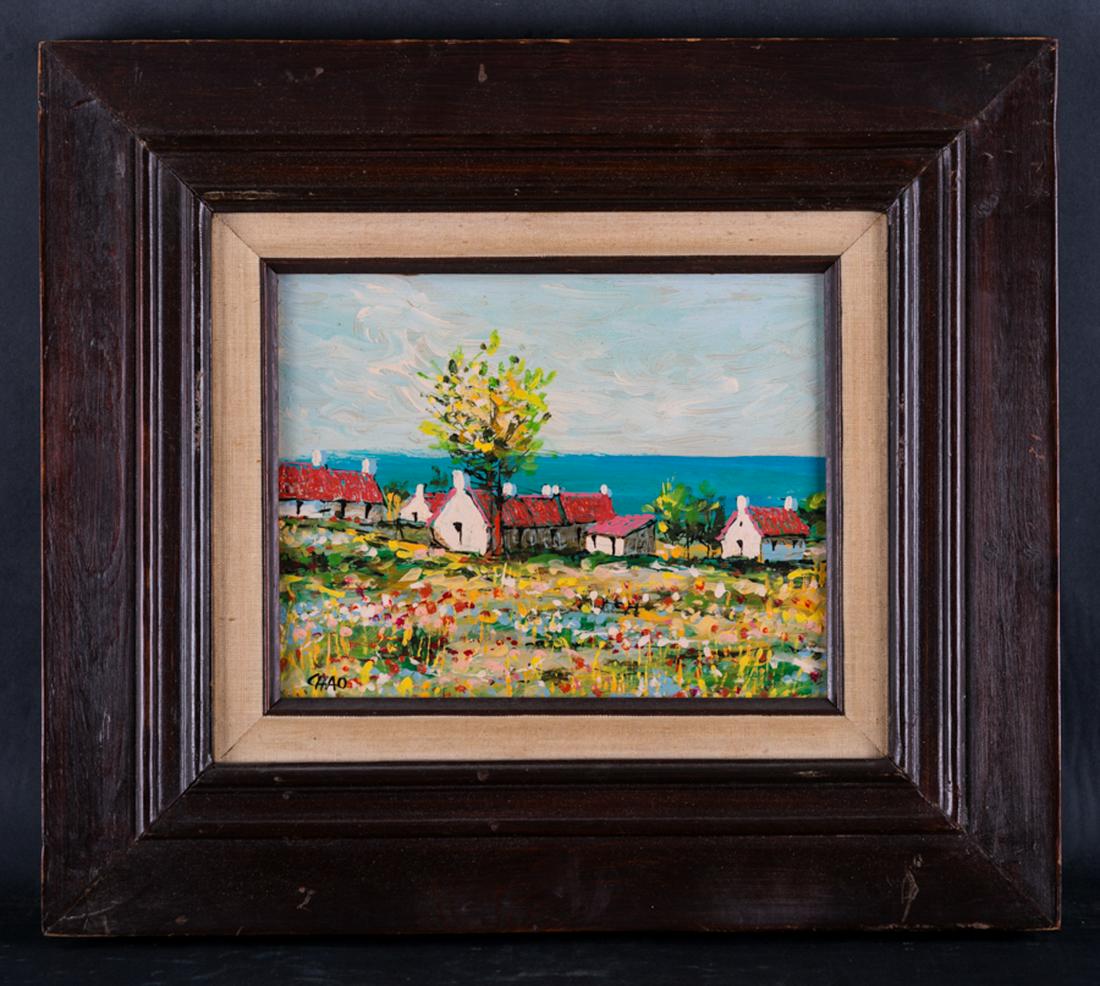 Small Vintage Naive Style Original Oil Painting "Houses Near Coast": Title: Houses Near Coast Medium: oil on masonite Style: Naive Size: 8" x 10" Frame Size: 16" x 18" Age: 1970s Condition: Good, no damage seen good condition for its age. Signature: Chao Great for coll