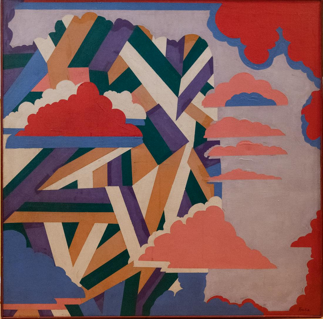 Peter Busa (1914 - 1985) Pennsylvania Artist Abstract Oil: Peter Busa (1914 - 1985) was active/lived in Pennsylvania. Peter Busa is known for Abstract landscape painting, Indian totemic. Medium: Oil on canvas Size: 38" x 38" Frame Size: 38 1/2" x 38 1/2" Cond