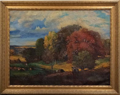 Theodore Clement Steele (1847 - 1926) Indiana Artist Oil On Canvas: Subject: Autumn Landscape Medium: Oil On Canvas Size: 24 x 32 inches Frame: 30 x 38 inches Condition: Great overall for its age. Some small cracks are observed at a few places. There might be nicks