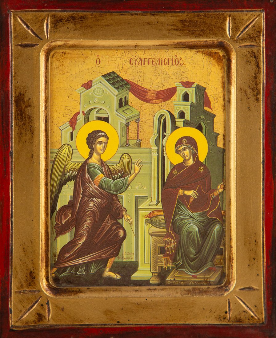 Traditional Byzantine Holy Icon Painting On Wood Panel Reproduction: Size: H 9.5 x L 1 x W 7.5 inches Condition: Good overall condition for its age. Shipping: shipping rates are determined by the distance from the auction site. ECDJY2310011 Bidders need to know All the