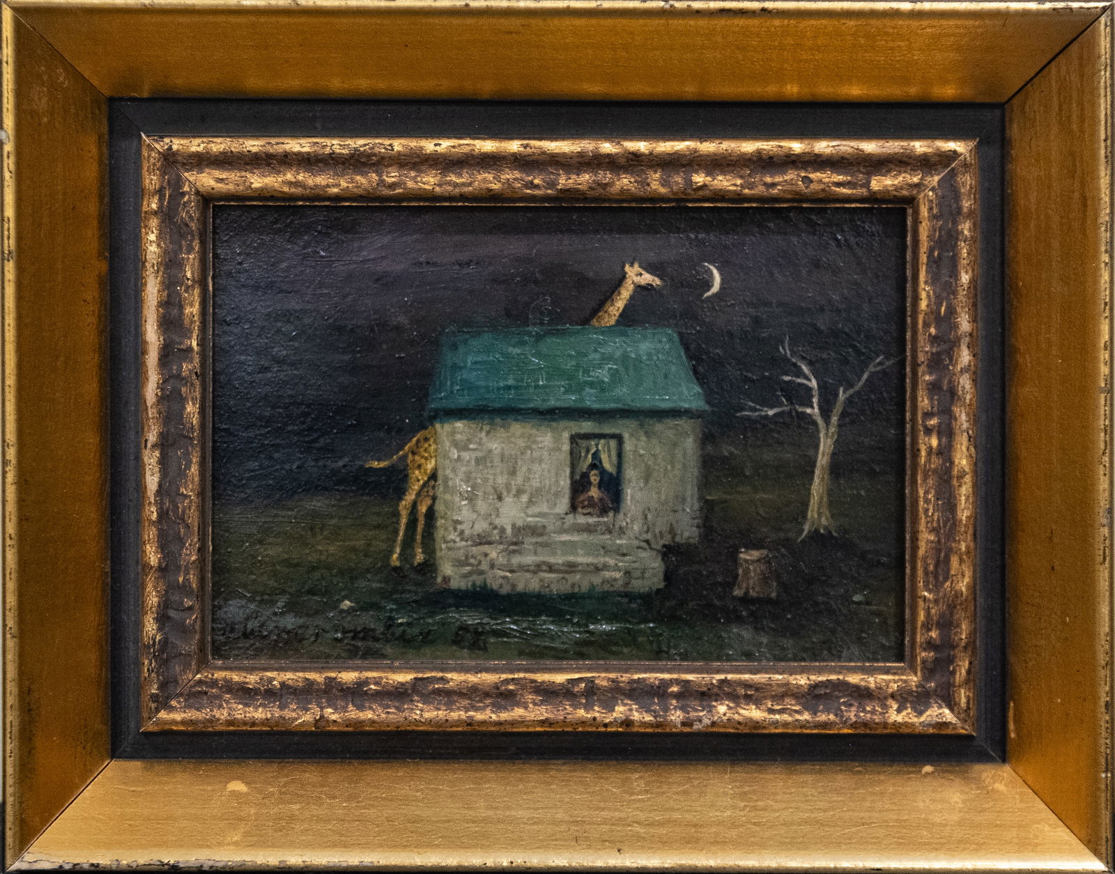 Gertrude Abercrombie (1909 - 1977) Illinois Artist Oil On Masonite: Subject: Giraffe And House Medium: Oil On Masonite Size: 4 x 6 inches Frame: 7 x 9 inches Condition: Great Overall Condition Signature: Abercrombie 59 Gertrude Abercrombie (1909 - 1977) Gertrude Aberc