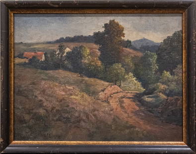 Theodore Clement Steele (1847 - 1926) Indiana/California Artist Oil On Board: Subject: Country Path Medium: Oil On Board Size: 19 x 25 inches Frame: 22 x 28 inches Condition: Great Overall Condition Signature: T.C. Steele 1910 Theodore Clement Steele (1847 - 1926) 