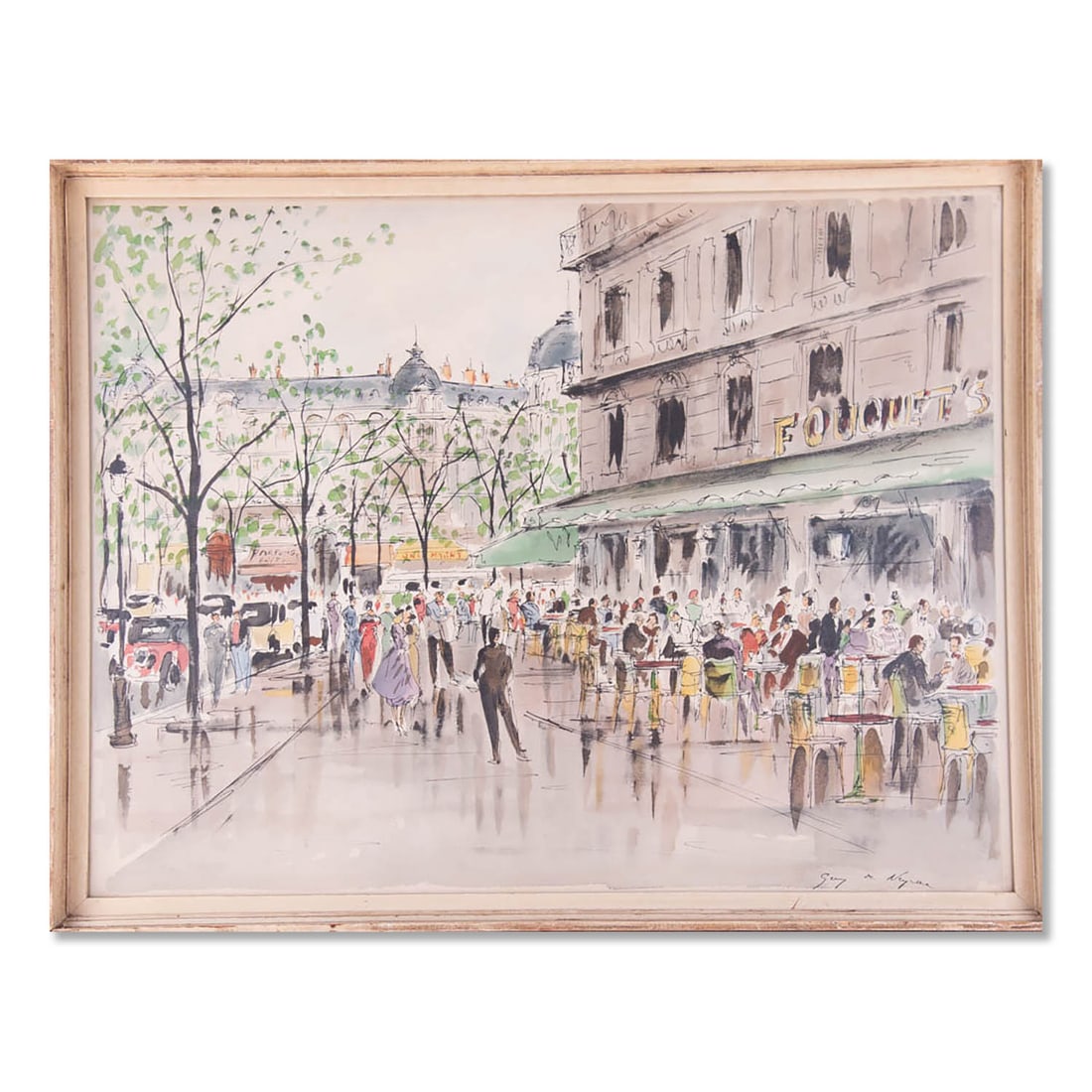 Large Original Watercolor And Ink "Paris Street Scene": Title: Paris Street Scene Medium: Watercolor/Ink on paper Style: Impressionist Size: 25" x 33" Frame Size: 27 1/5" x 35 1/2" Age: 1970s Condition: Good overall condition for its age, Signature: lower 