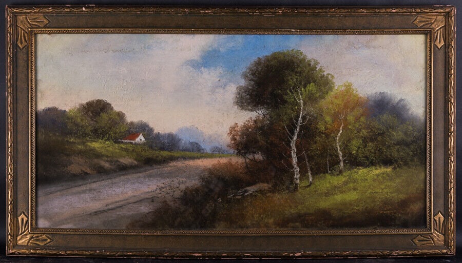 Large Realist/Traditional American Pastel On Paper "Rural Path Landscape": Title: Rural Path Landscape Medium: Pastel on paper Style: Realist/Traditional Size: 14" x 28" Frame Size: 18" x 32" Age: 1950s Condition: Great, good condition for its age. no damage Signature: Unsig
