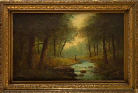 Theodore Clement Steele (1847-1926) Landscape Oil On Board: Medium: Oil On Board Painting Size: 22 x 35.5 inches Frame Size: 29 x 43 inches Condition: This artwork is in good overall condition for its age. Although, please note there is a white scratch in the